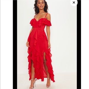 Red Cold Shoulder Ruffle Detail Maxi Dress